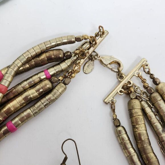 CHICOS Long Layered Geometric Chunky Necklace Pink Antique Gold Earrings Set - Picture 4 of 7